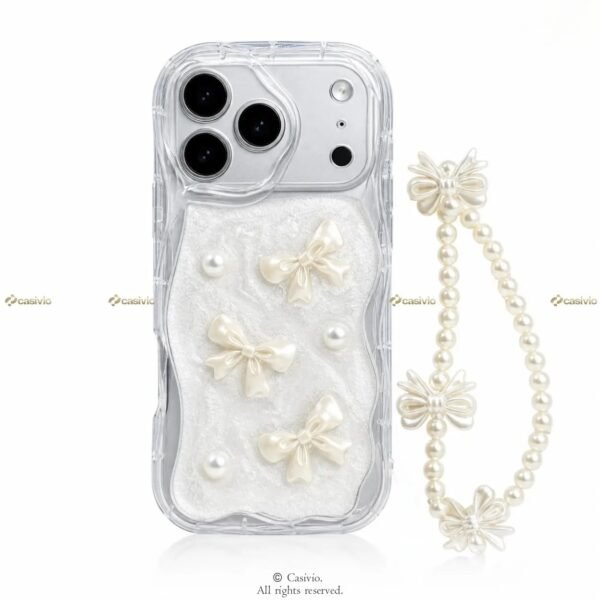 Pearl Glitter Bow Design Transparent iPhone Case.